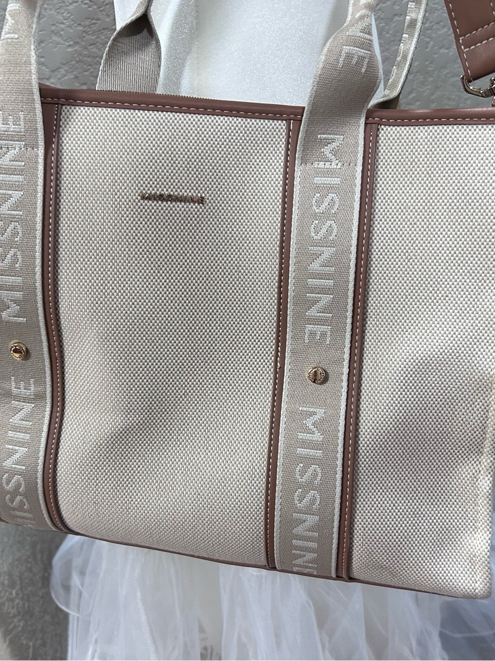 MISSNINE Cream Canvas Tote with Tan Trim and Logo Straps
